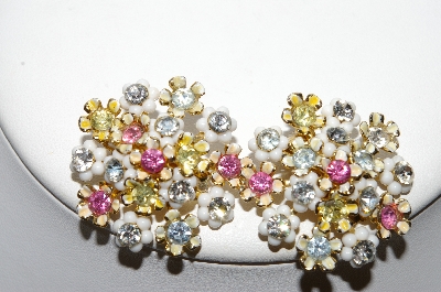 +MBA #99-486  "Vintage Goldtone White Glass Flower & Multi Colored Crystal Rhinestone Brooch & Clip On Earring Set"