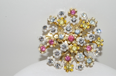 +MBA #99-486  "Vintage Goldtone White Glass Flower & Multi Colored Crystal Rhinestone Brooch & Clip On Earring Set"