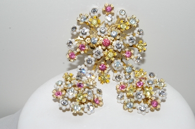 +MBA #99-486  "Vintage Goldtone White Glass Flower & Multi Colored Crystal Rhinestone Brooch & Clip On Earring Set"