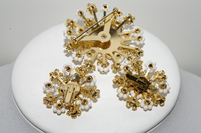 +MBA #99-486  "Vintage Goldtone White Glass Flower & Multi Colored Crystal Rhinestone Brooch & Clip On Earring Set"