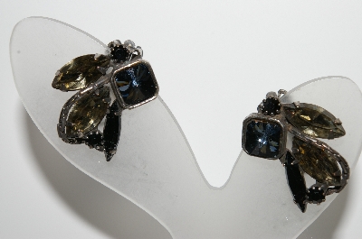 +MBA #99-664  "Vintage Antiqued Silvertone Black & Smokey Colored Rhinestone Clip On Earrings"