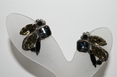 +MBA #99-664  "Vintage Antiqued Silvertone Black & Smokey Colored Rhinestone Clip On Earrings"