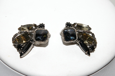 +MBA #99-664  "Vintage Antiqued Silvertone Black & Smokey Colored Rhinestone Clip On Earrings"