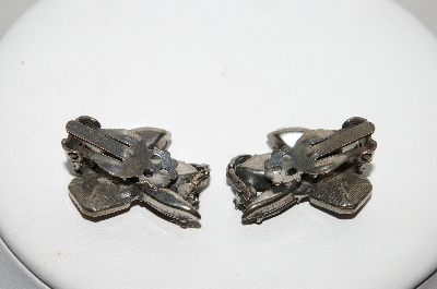 +MBA #99-664  "Vintage Antiqued Silvertone Black & Smokey Colored Rhinestone Clip On Earrings"