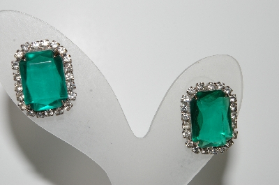 +MBA #99-547 " Vintage Silvertone Green Emerald Cut Pierced Earrings"