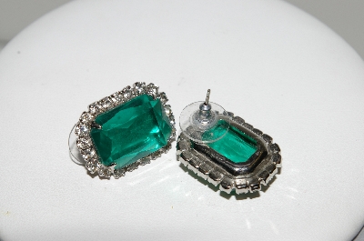 +MBA #99-547 " Vintage Silvertone Green Emerald Cut Pierced Earrings"
