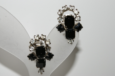 +MBA #99-118  "Vintage Silvertone Black Glass & Clear Rhinestone Clip On Earrings"