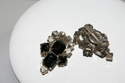 +MBA #99-118  "Vintage Silvertone Black Glass & Clear Rhinestone Clip On Earrings"