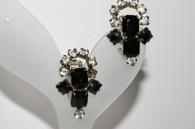 +MBA #99-118  "Vintage Silvertone Black Glass & Clear Rhinestone Clip On Earrings"
