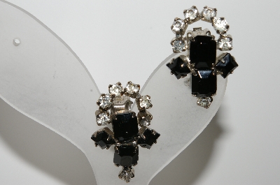 +MBA #99-118  "Vintage Silvertone Black Glass & Clear Rhinestone Clip On Earrings"