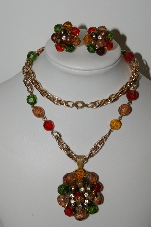 +MBA #99-037  "Vintage Made In West Germany Multi Colored Acrylic Beads & Rhinestone Necklace & Earring Set"