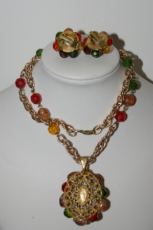 +MBA #99-037  "Vintage Made In West Germany Multi Colored Acrylic Beads & Rhinestone Necklace & Earring Set"