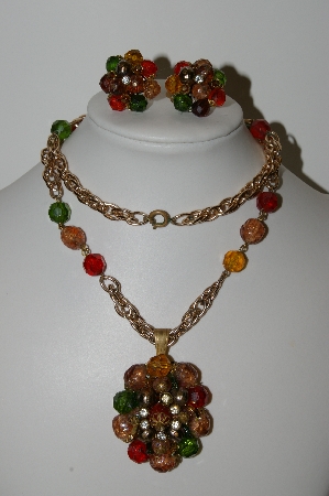 +MBA #99-037  "Vintage Made In West Germany Multi Colored Acrylic Beads & Rhinestone Necklace & Earring Set"