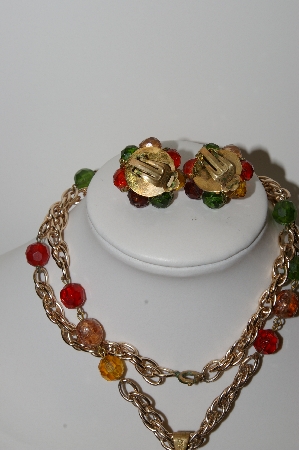 +MBA #99-037  "Vintage Made In West Germany Multi Colored Acrylic Beads & Rhinestone Necklace & Earring Set"