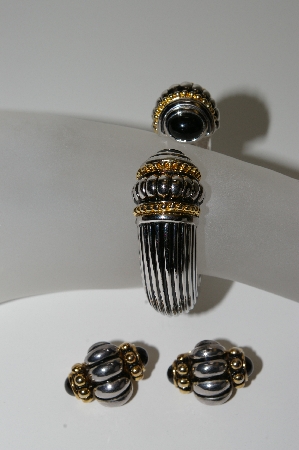 +MBA #99-142  "Vintage Two Tone Bangle Bracelet & Matching Clip On Earrings"