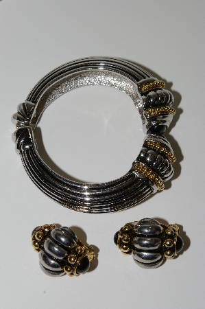 +MBA #99-142  "Vintage Two Tone Bangle Bracelet & Matching Clip On Earrings"