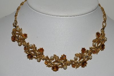 +MBA #99-265  "Vintage Goldtone Citrine Colored Rhinestone & Faux Pearl Necklace"