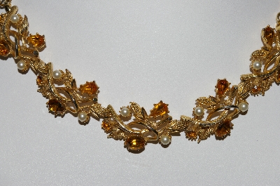 +MBA #99-265  "Vintage Goldtone Citrine Colored Rhinestone & Faux Pearl Necklace"