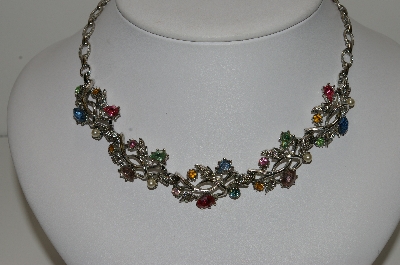 +MBA #99-124  "Vintage Silvertone Multi Colored Rhinestone & Faux Pearl Necklace"