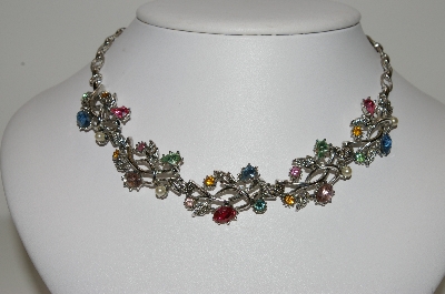+MBA #99-124  "Vintage Silvertone Multi Colored Rhinestone & Faux Pearl Necklace"