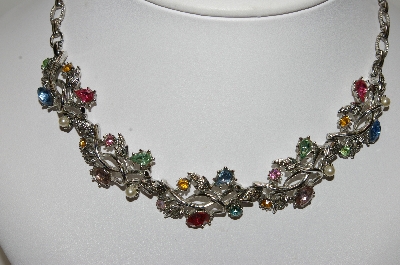 +MBA #99-124  "Vintage Silvertone Multi Colored Rhinestone & Faux Pearl Necklace"