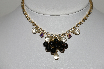 +MBA #99-121  "Lov Rel  Goldtone Rhinestone & Black Glass bead Necklace"