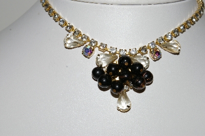 +MBA #99-121  "Lov Rel  Goldtone Rhinestone & Black Glass bead Necklace"