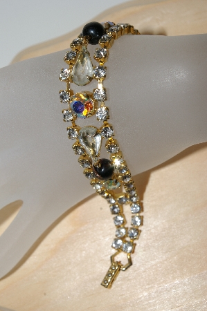 +MBA #99-026  "Lov Rel Goldtone Rhinestone & Black Glass Bead Bracelet