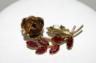 +MBA #99-022  "Vintage Goldtone Red Crystal Rhinestone Rose Pin"