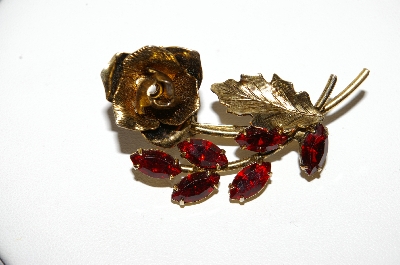 +MBA #99-022  "Vintage Goldtone Red Crystal Rhinestone Rose Pin"