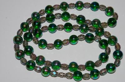 +MBA #99-284  "Vintage Green & Grey AB Glass Bead Necklace"