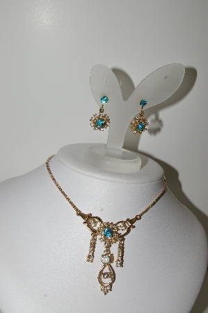 +MBA #99-045  "Vintage Gold Plated Blue & Clear Crystal Rhinestone Pin/Pendant Chocker & Earring Set"