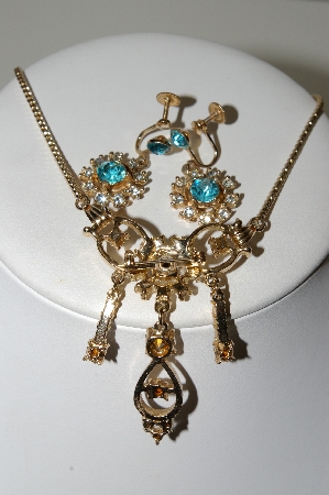 +MBA #99-045  "Vintage Gold Plated Blue & Clear Crystal Rhinestone Pin/Pendant Chocker & Earring Set"