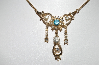 +MBA #99-045  "Vintage Gold Plated Blue & Clear Crystal Rhinestone Pin/Pendant Chocker & Earring Set"