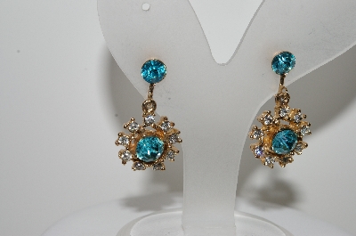 +MBA #99-045  "Vintage Gold Plated Blue & Clear Crystal Rhinestone Pin/Pendant Chocker & Earring Set"