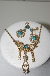 +MBA #99-045  "Vintage Gold Plated Blue & Clear Crystal Rhinestone Pin/Pendant Chocker & Earring Set"