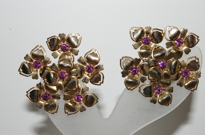 +MBA #99-092   "Vintage Gold Plated Purple Crystal Rhinestone Fancy Flower Clip On Earrings"