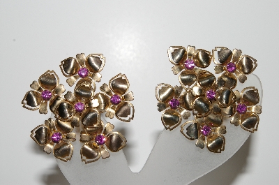 +MBA #99-092   "Vintage Gold Plated Purple Crystal Rhinestone Fancy Flower Clip On Earrings"