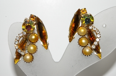 +MBA #99-070    "Vintage Gold Tone Very Fancy Crystal Rhinestone & Faux Pearl Clip On Earrings"