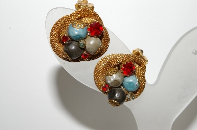 +MBA #99-356  "Vintage Goldtone Mesh Style Bead & Red Rhinestone Clip On Earrings"
