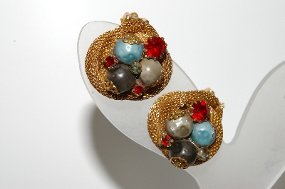 +MBA #99-356  "Vintage Goldtone Mesh Style Bead & Red Rhinestone Clip On Earrings"