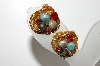+MBA #99-356  "Vintage Goldtone Mesh Style Bead & Red Rhinestone Clip On Earrings"
