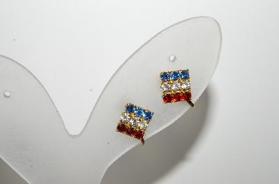 +MBA #99-695  "Vintage Goldtone Red, White & Blue Crystal Clip On Earrings"