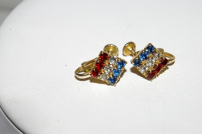 +MBA #99-695  "Vintage Goldtone Red, White & Blue Crystal Clip On Earrings"