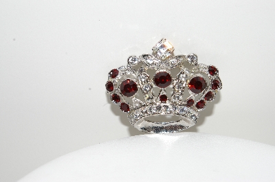 +MBA #99-323  "Vintage Silvertone Clear & Red Crystal Rhinestone Crown Pin"