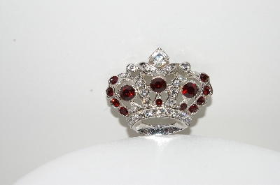 +MBA #99-323  "Vintage Silvertone Clear & Red Crystal Rhinestone Crown Pin"