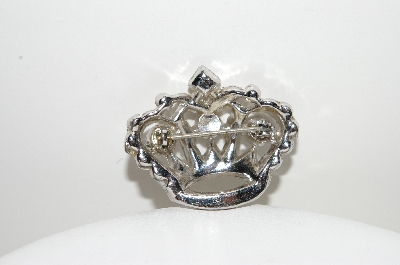 +MBA #99-323  "Vintage Silvertone Clear & Red Crystal Rhinestone Crown Pin"
