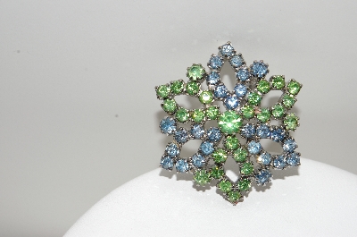 +MBA #99-447  "Vintage Silvertone Green & Blue Crystal Rhinestone  Pin"