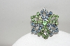 +MBA #99-447  "Vintage Silvertone Green & Blue Crystal Rhinestone  Pin"