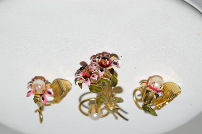 +MBA #99-228  "Vintage Goldtone Faux Pearl Enameled Flower Pin & Matching Earring Set"